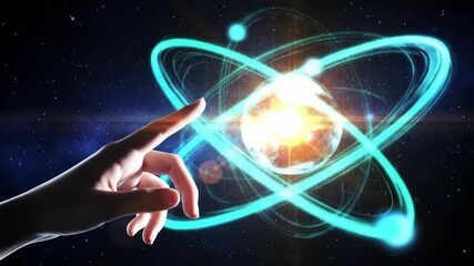 A human hand interacts with a digital atom model in space featuring a glowing core, orbiting electrons, set against a dark cosmic backdrop with stars and light flares. - Powered by Adobe