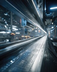 Shiny metal conveyor belts converge in an industrial factory setting
