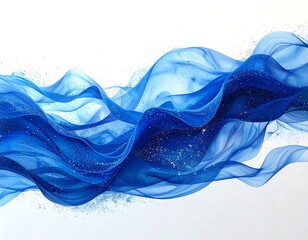 Flowing, ethereal depiction of sapphire-toned fabric. Gently rippling form accented with subtle particles and set against a pristine white backdrop