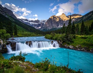 Blue mountain landscape with a waterfall