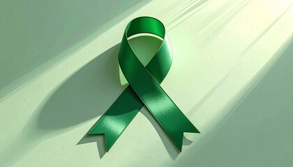 Close up photo of a green ribbon with plain color background 