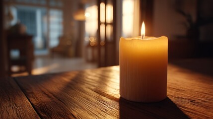 Single candle burning softly warm golden room gentle lighting peaceful home interior atmosphere