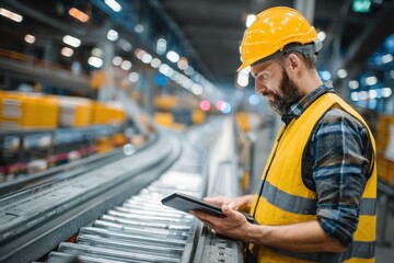 Worker safety vest hard hat uses tablet monitor industrial facility professional workplace management