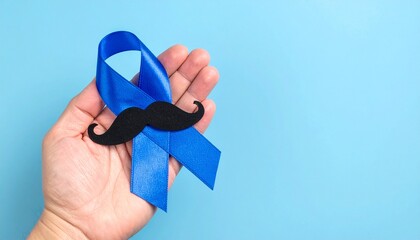 Hand Holding Blue Ribbon Mustache for Prostate Cancer Awareness