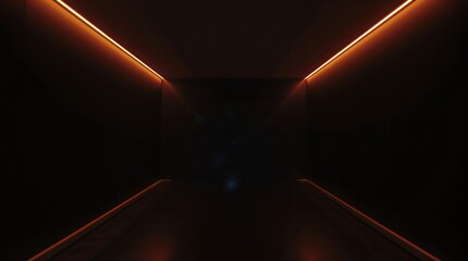Dark futuristic tunnel with converging orange neon lights path