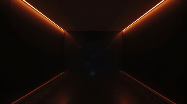 Dark futuristic tunnel with converging orange neon lights path