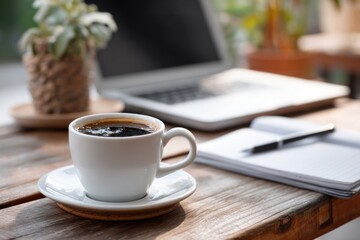 Coffee workplace desk laptop notebook wooden table office home productivity morning