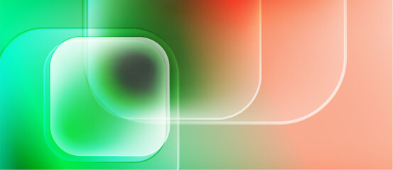 Abstract gradients blend green, orange hues. Soft shapes overlap creating luminous effect. Minimalist design evokes modern aesthetic.