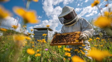 Field beekeeper protective suit working bee apiary beehives honey production agricultural