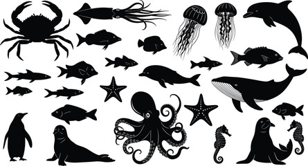 Mega Sea Animals Silhouette Vector Set, Ocean Creatures, Fish, Whale, Dolphin, Octopus, Crab, Penguin, and Marine Life Collection Graphic Design.