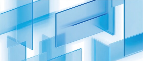 Minimalistic abstract design featuring overlapping translucent rectangles in shades of blue on a light background