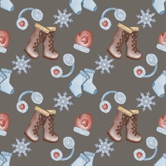 Seamless pattern Winter holidays cozy illustration set. holiday  cute hand drawn on grey background.