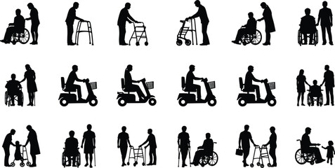 Mobility aid silhouettes, wheelchair users, caregivers helping disabled people, walker support, scooter assistance, inclusive care, rehabilitation, disability awareness, healthcare