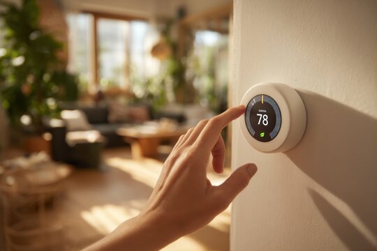 Homeowner adjusting smart thermostat living room close-up modern home automation climate