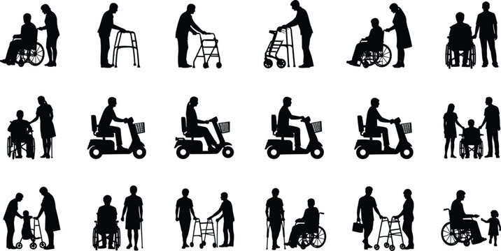 Mobility aid silhouettes, wheelchair users, caregivers helping disabled people, walker support, scooter assistance, inclusive care, rehabilitation, disability awareness, healthcare - Powered by Adobe
