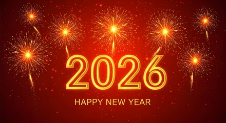 Happy new year 2026 celebration with fireworks display on red background
