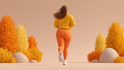 Overweight woman sportswear running orange legging fitness health wellness exercise