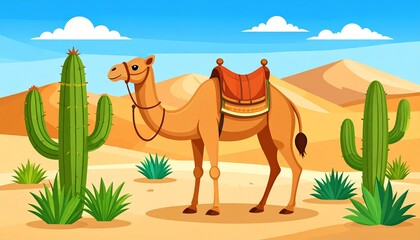Arabian desert landscape with camel background. Sahara with sand, palm and oasis draw 
