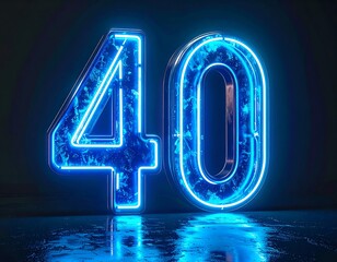 Illuminated 3D rendering of the number forty, formed by blue neon tubes, against a dark, reflective background