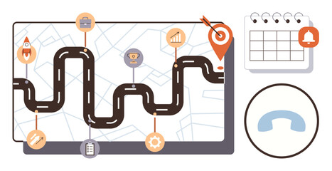 Roadmap on screen with milestone markers, target, and planning icons alongside calendar and call graphic. Ideal for strategy, success, business journey, planning, navigation, productivity teamwork