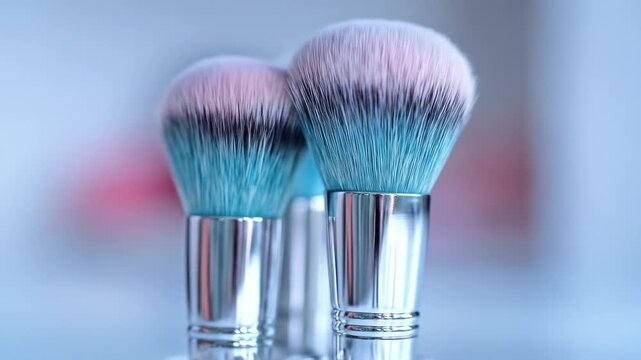 Two soft makeup brushes with pink tips and turquoise bristles