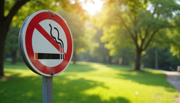 No smoking sign stands in a sunny park. Green trees and grass surround the symbol of prohibition. Enjoy clean air and nature without tobacco smoke.