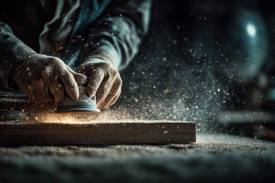Worker sanding tool polish wood piece craftsmanship woodwork professional workshop - Powered by Adobe