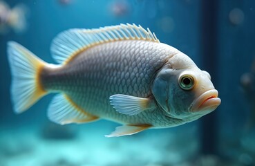 Fototapeta premium Close up of white tilapia fish swimming in clear blue aquarium water. Aquatic creature has detailed scales and fins, looking sideways with its mouth slightly open, in natural underwater setting.