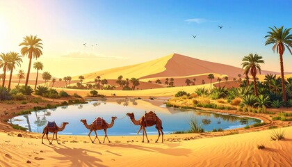 Arabian desert landscape with camel background. Sahara with sand, palm and oasis draw 