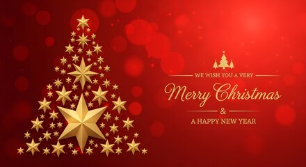 Elegant christmas tree made of golden stars on a red bokeh background