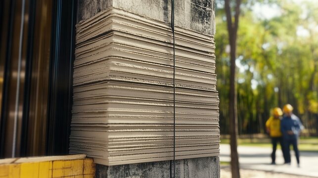 Large printer nozzle extruding layers of material in a construction area during daylight with workers nearby observing the process