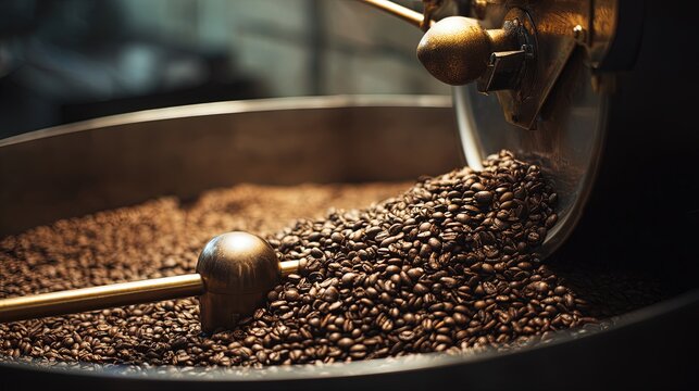 roaster. Close-up of freshly roasted coffee beans in a roaster, emitting warm aromatic steam. menu design, packaging mockups, designed for food delivery and cloud-kitchen brand materials.