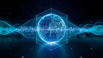 Global digital data network connecting planet earth with tech waves
