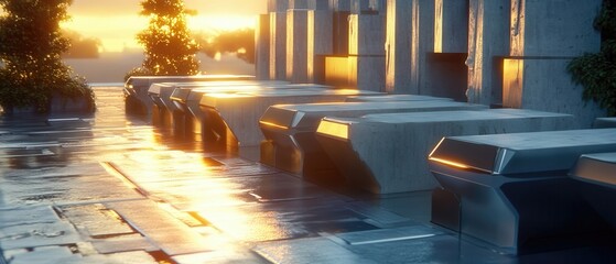 Sunset paints vibrant colors on robotic printer scene next to sleek structures in a tranquil setting
