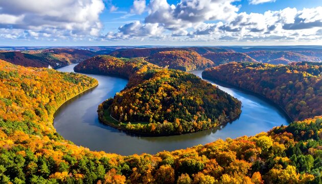 Aerial view of a river winding through a forested valley during autumn - Powered by Adobe