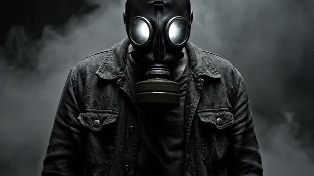 A person wearing a black gas mask with a denim jacket stands amidst smoke on a dark background, captured in monochrome with dramatic lighting. 
