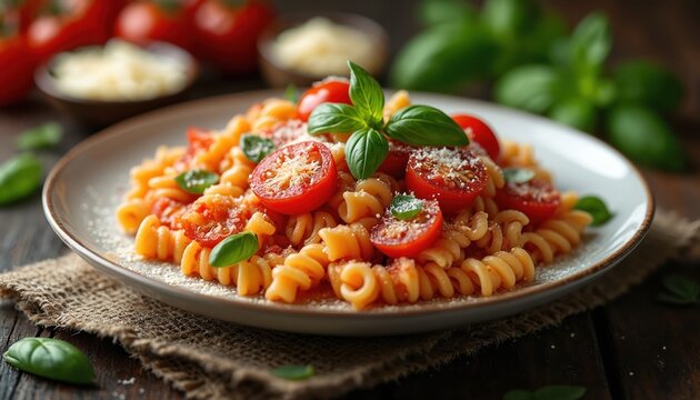 Italian fusilli pasta dish with cherry tomatoes fresh basil and grated parmesan cheese on plate. Rich marinara sauce drizzled over. Tasty lunch meal. - Powered by Adobe