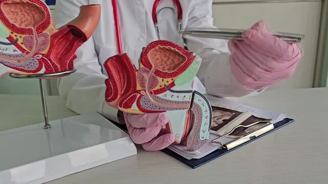 Doctors counseling patients with prostate cancer and using a penis model to show patients with prostate cancer Prostate cancer treatment