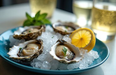 Four fresh oysters served on ice with lemon and mint garnish. White wine in glasses accompanies the seafood appetizer. This is a fine dining dish.