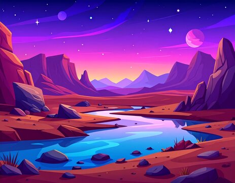 Alien planet landscape with rocky surface and lake. Vector cartoon illustration  - Powered by Adobe