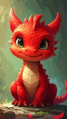 Cute, friendly red dragon with big green eyes sits peacefully.