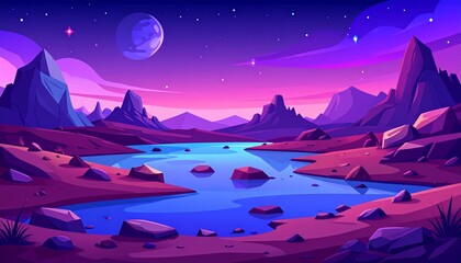 Obraz premium Alien planet landscape with rocky surface and lake. Vector cartoon illustration 