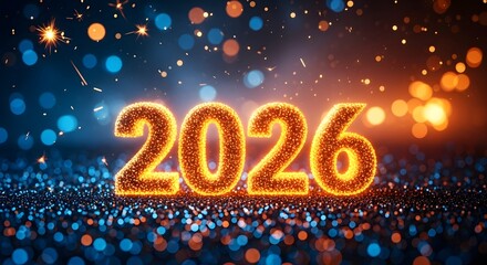 Glowing year 2026 numerals with festive bokeh background for new year celebrations