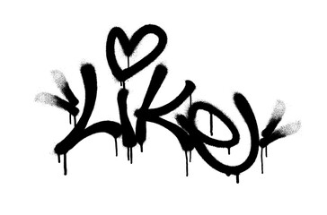 Graffiti style black spray paint text Like with heart on white background.