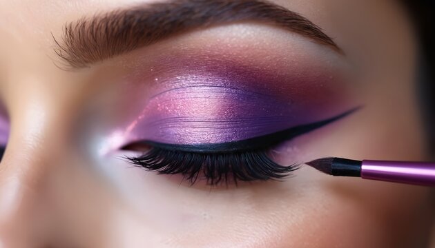 Woman eye with vibrant purple eyeshadow and black eyeliner applied by brush. Long lashes frame the eye area, showing detailed makeup artistry for beauty. Skin texture is visible in this close-up.