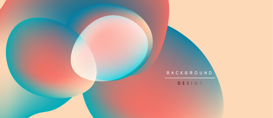 Abstract fluid shapes overlap, creating soft color gradients. Peach, blue, red hues blend seamlessly. Minimalist design evokes calm atmosphere.