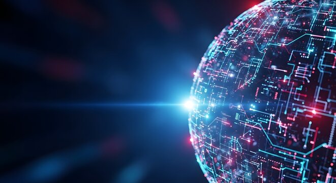 Abstract technology globe with glowing lines and lens flare in dark space - Powered by Adobe