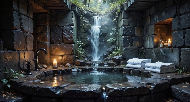 luxurious stone hot tub with waterfall backdrop and candlelit ambiance for wellness and spa concepts. - Powered by Adobe