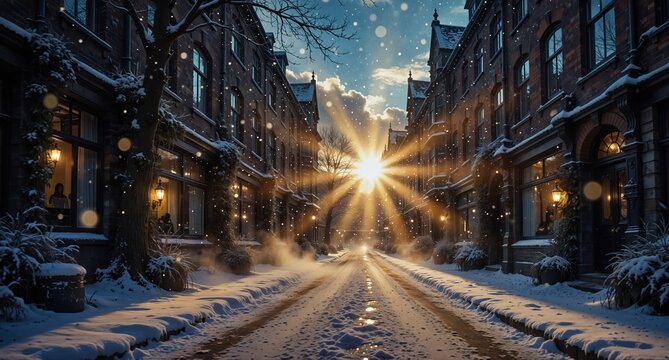 snowy european street with warm lights and sun rays in wintertime - Powered by Adobe