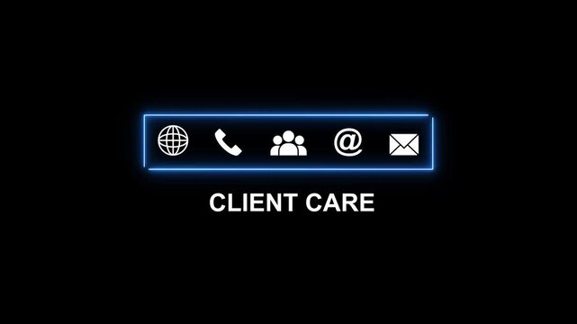 Client Care Icons Globe Phone People At Symbol Envelope With Neon Blue Border On Black Background contact us